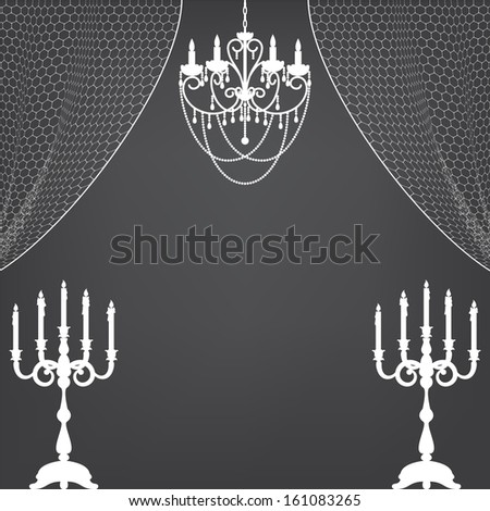 Vintage interior with candlestick, curtains and chandelier
