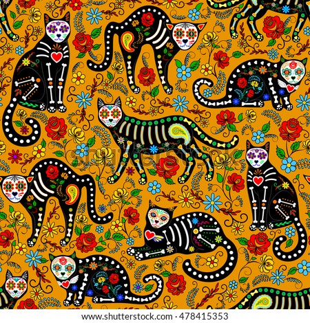 Seamless pattern with calavera sugar skull black cats in mexican style for holiday the Day of the Dead, Dia de Muertos