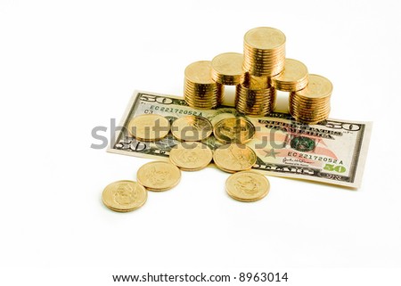 This is an arrow of US dollar coins pointing to a stack of golden coins that is resting on a crisp US fifty dollar bill. This photo is great for your financial motives.