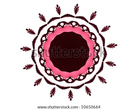 A circular frame in white, pink and black make up this fractal.