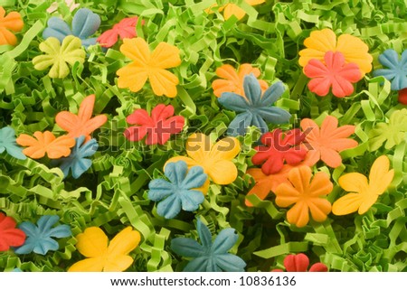 Bright flowers lie scattered on a crinkled green paper background.