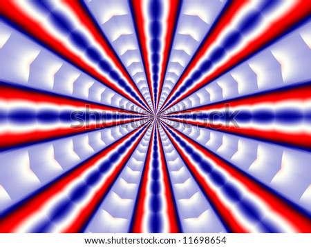 Red, white and blue lines radiate out from a central point on this fractal background.