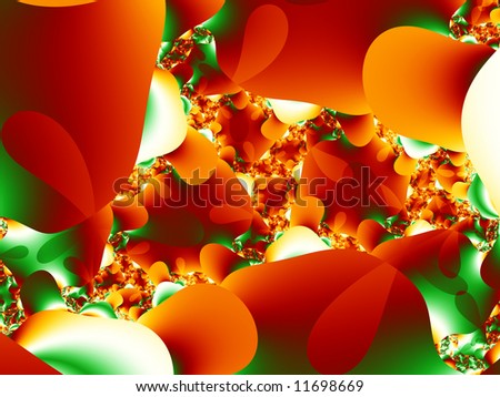 A hot and spicy fractal background with abstract shapes in red, yellow, orange, white and green.