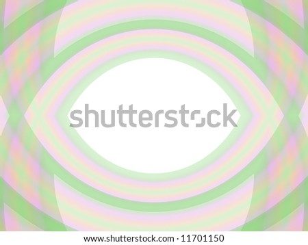 A pastel green, pink and purple fractal on a white background with a central space shaped like an eye.
