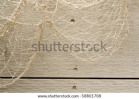 Looped fish net over weathered boards.