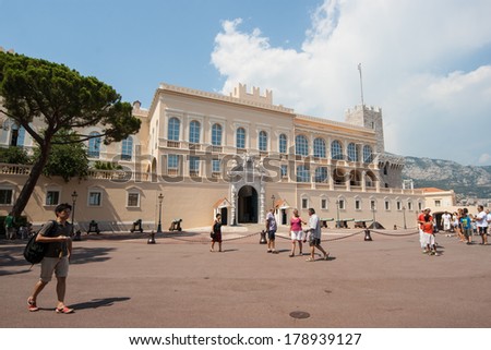 MONACO - August 10: Exterior view of palace - official residence of Prince of Monaco. It is one of the major tourist attraction and remains fully working palace in Monaco on August 10, 2012.