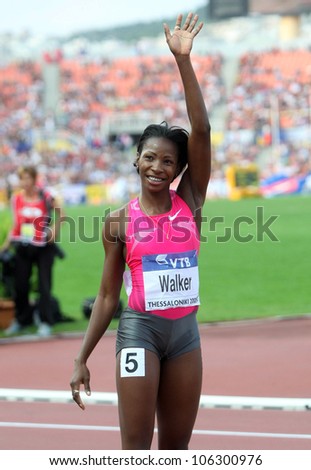 THESSALONIKI, GREECE - SEPT 12:Melaine Walker celebrates winning the women\'s 400m hurdles final at the IAAF 2009 World Athletic Final on September 12, 2009 in Kaftatzoglio stadium,Thessaloniki,Greece