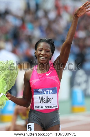 THESSALONIKI, GREECE - SEPT 12:Melaine Walker celebrates winning the women\'s 400m hurdles final at the IAAF 2009 World Athletic Final on September 12, 2009 in Kaftatzoglio stadium,Thessaloniki,Greece