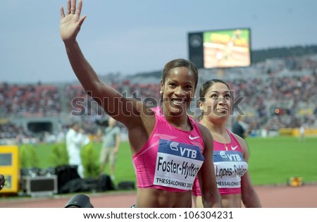 THESSALONIKI, GREECE - SEPT 12:Brigitte Foster-Hylton celebrates winning the women\'s 100m hurdles final at the IAAF 2009 World Athletics Final on Sept 12, 2009 in Kaftatzoglio,Thessaloniki,Greece