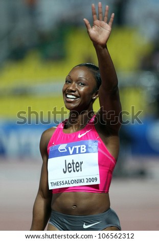 THESSALONIKI, GREECE - SEPT 12:Carmelita Jeter celebrates winning the women\'s 100m final at the IAAF 2009 World Athletics Final on September 12, 2009 in Kaftatzoglio stadium,Thessaloniki,Greece