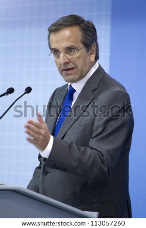 THESSALONIKI,GREECE - SEPT,8: Greece's Prime Minister Antonis Samaras delivers a speech during the opening 77th International Fair (TIF), in Thessaloniki on Sept 8, 2011 in Thessaloniki, Greece.
