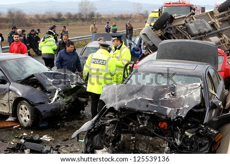 Kleidi,Greece - Jan,22: 28 Vehicle Pile-Up On The Egnatia Motorway In Kleidi After The Crash That Occurred Early Today Due To Fog On 22 January, 2013. One Woman Died And 26 Others Where Injured