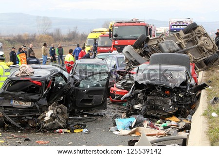 Kleidi,Greece - Jan,22: 28 Vehicle Pile-Up On The Egnatia Motorway In Kleidi After The Crash That Occurred Early Today Due To Fog On 22 January, 2013. One Woman Died And 26 Others Were Injured