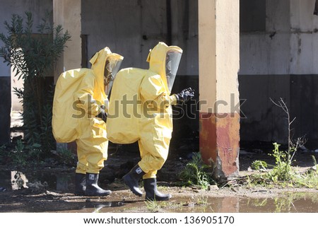 THESSALONIKI, GREECE - APRIL 19:Firefighter in gas-costume, During A Training Exercise for the consequences earthquake in Industrial Area of Sindos on April 19,2013 in Thessaloniki, Greece