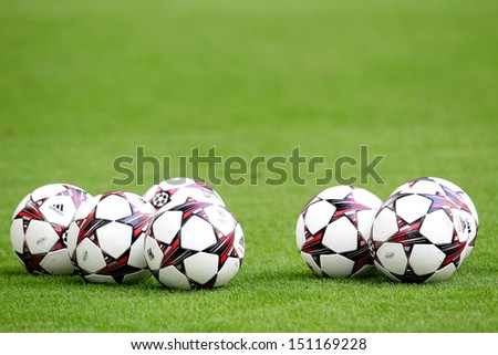 Gelsenkirchen, Germany -Aug 21: Adidas Champions League Football Balls In The Field Before The Match Schalke Vs Paok On Aug 21,2013 In Gelsenkirchen, Germany.