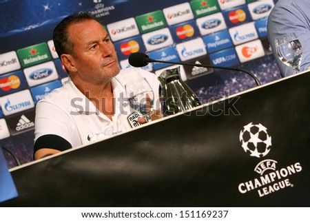 GELSENKIRCHEN, GERMANY -AUG 21: Paok\'s Head Coach Huub Stevens on the pre-match press conference for the Champions League game on Aug 21,2013 in Gelsenkirchen, Germany.