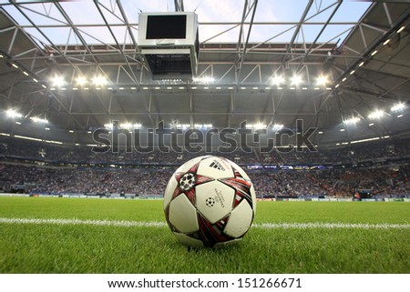 Gelsenkirchen, Germany -Aug 21: Champions League Football Balls In The Field Before The Match Schalke Vs Paok On Aug 21,2013 In Gelsenkirchen, Germany.