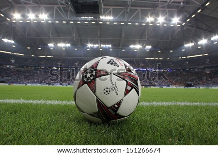 Gelsenkirchen, Germany -Aug 21: Champions League Football Balls In The Field Before The Match Schalke Vs Paok On Aug 21,2013 In Gelsenkirchen, Germany.