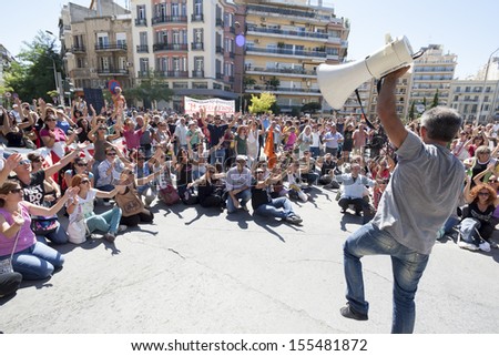 THESSALONIKI, GREECE - SEPT 18: Greek teachers on strike and protesting against job transfers and layoffs demanded by the country\'s international creditors on September 18,2013 in Thessaloniki,Greece.