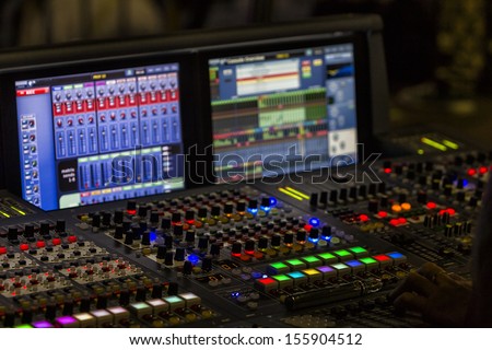 A mixing console, or audio mixer,shallow dof