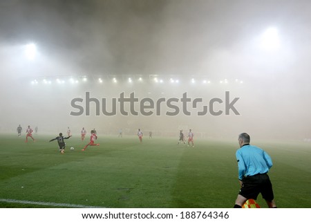 THESSALONIKI, GREECE APRIL 16, 2014 : Smoke all over the stadium during the Greek Cup Semi Final match PAOK vs Olympiacos