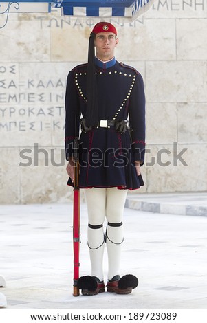 ATHENS, GREECE - APRIL 2, 2014: The Changing of the Guard ceremony takes place in front of the Greek Parliament Building