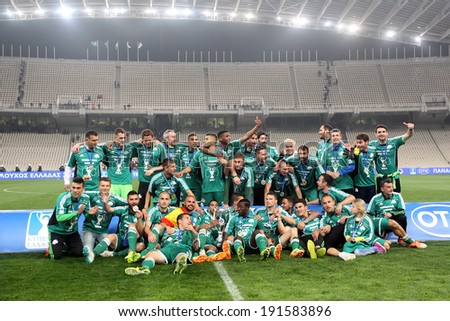 ATHENS, GREECE APRIL 26, 2014 : Team photo holding the Cup afther their win over Paok during the Greek Cup Final match Paok vs Panathinaikos