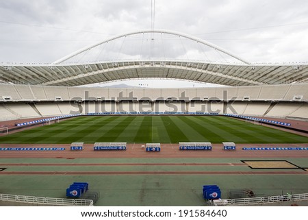 ATHENS, GREECE APRIL 26, 2014 : Interior view of the empty OAKA Stadium before the Greek Cup Final match Paok vs Panathinaikos; The Olympic Stadium of Athens was renovated by Santiago Calatrava