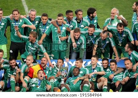 ATHENS, GREECE APRIL 26, 2014 : Team photo holding the Cup afther their win over Paok during the Greek Cup Final match Paok vs Panathinaikos