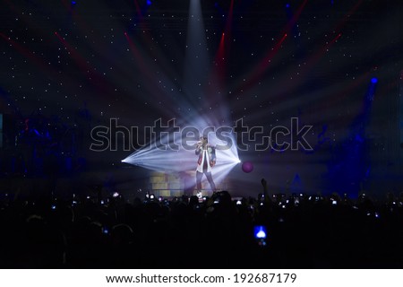 THESSALONIKI, GREECE, MAY 8 2014: Singer Sakis Rouvas performing live on stage for the Ace of Heart tour at Sports arena in Thessaloniki.