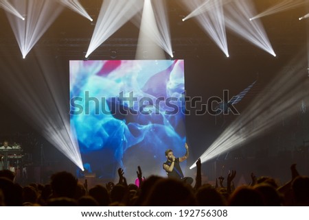 THESSALONIKI, GREECE, MAY 8 2014: The pop/rock band Onirama performing live on stage for the Ace of Heart tour at Sports arena in Thessaloniki.