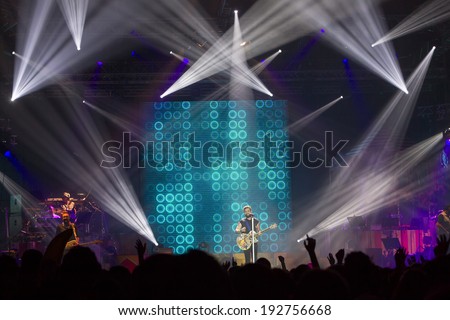 THESSALONIKI, GREECE, MAY 8 2014: The pop/rock band Onirama performing live on stage for the Ace of Heart tour at Sports arena in Thessaloniki.