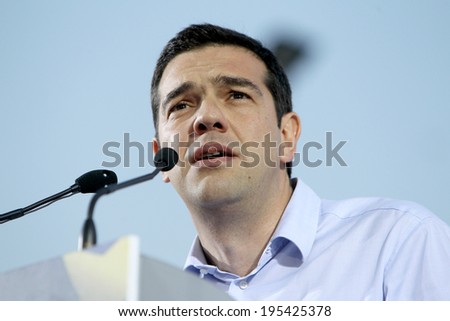 THESSALONIKI, GREECE - MAY 21, 2014: Alexis Tsipras leader of Syriza party (European Left) giving pre-election speech to the people of Macedonia north Greece on May 21, 2014 in Thessaloniki, Greece.