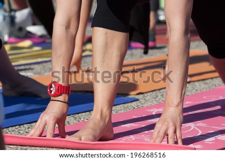 THESSALONIKI, GREECE - JUNE 1 , 2014 : Thessaloniki open yoga day. People gathered to perform yoga training during the day, outdoor activities