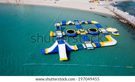 HALKIDIKI, GREECE- MAY 27, 2014: Top view of beach water park at a luxury hotel.  Sea travel destination in Kallithea, Greece.