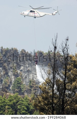 HALKIDIKI, GREECE- AUGUST 24, 2006: Fire-fighting plane fights a forest fire on 24 August 2006 ripping through the Halkidiki Peninsula in northern Greece