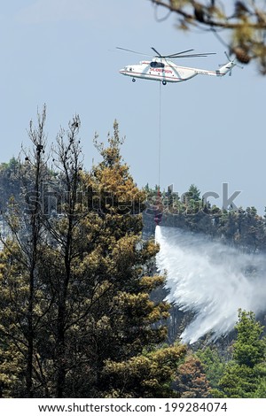 HALKIDIKI, GREECE- AUGUST 24, 2006: Fire-fighting plane fights a forest fire on 24 August 2006 ripping through the Halkidiki Peninsula in northern Greece -