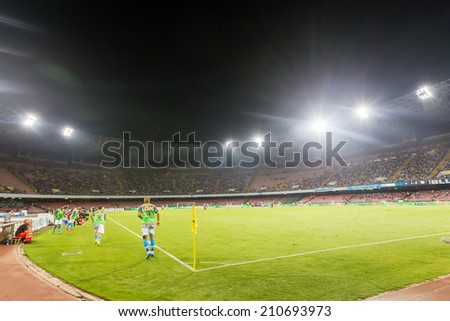 NAPLES, ITALY- AUGUST 2, 2014:  Wide view of the game and the stadium during the friendly match Napoli vs Paok.