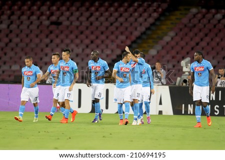 NAPLES, ITALY- AUGUST 2, 2014: The players of Napoli celebrating their goal during the friendly match Napoli vs Paok.