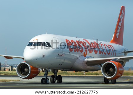 THESSALONIKI, GREECE- MAY 25, 2014: EasyJet Airline takes off from International Airport \'Makedonia\', Greece. Easyjet is the second largest low-cost airline of Europe.