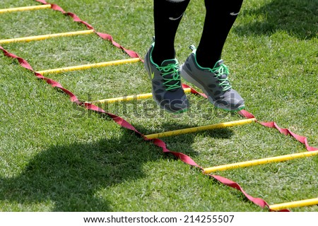 THESSALONIKI, GREECE - JULY 5, 2014: Close up to feet during training exercise of team Paok in Thessaloniki, Greece.
