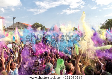 THESSALONIKI, GREECE- SEPTEMBER 14, 2014: Participants at the 3rd Colors day in Thessaloniki, Greece. A recreation of the famous Holi festival celebrated in India, took place in Thessaloniki Greece.