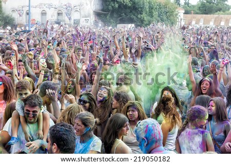 THESSALONIKI, GREECE- SEPTEMBER 14, 2014: Participants at the 3rd Colors day in Thessaloniki, Greece. A recreation of the famous Holi festival celebrated in India, took place in Thessaloniki Greece.