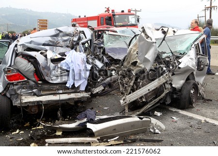 VERIA, GREECE - OCTOBER, 5, 2014:A large truck crashed into a number of cars and 4 people were killed and many were injured in a multi-vehicle collision that occurred on Egnatia Odos.