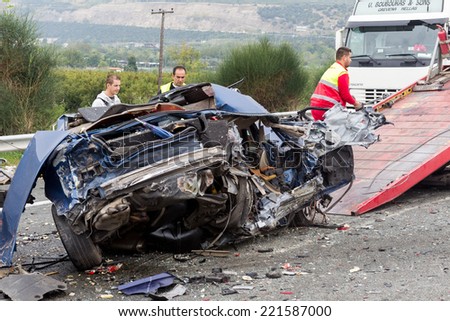 VERIA, GREECE - OCTOBER, 5, 2014:A large truck crashed into a number of cars and 4 people were killed and many were injured in a multi-vehicle collision that occurred on Egnatia Odos.