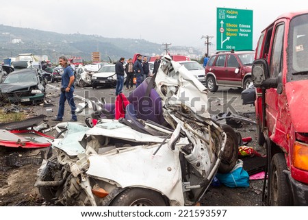 VERIA, GREECE - OCTOBER, 5, 2014:A large truck crashed into a number of cars and 4 people were killed and many were injured in a multi-vehicle collision that occurred on Egnatia Odos.