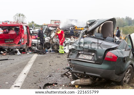 VERIA, GREECE - OCTOBER, 5, 2014:A large truck crashed into a number of cars and 4 people were killed and many were injured in a multi-vehicle collision that occurred on Egnatia Odos.