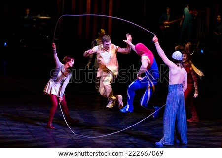 THESSALONIKI, GREECE - OCTOBER, 1, 2014: Performers skipping Rope at Cirque du Soleil\'s show \'Quidam\'