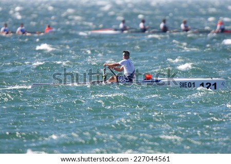 THESSALONIKI, GREECE Ã?Â¢?? OCT 17, 2014 : Athletes competing during the 2014 World Rowing Coastal Championships Thessaloniki. Over 400 athletes from over 23 countries took part at the championships.