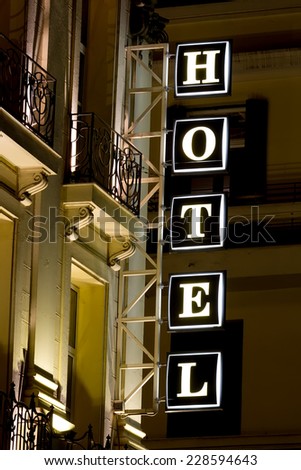 Beautiful hotel sign in Greece. Neon Sign with the word Hotel